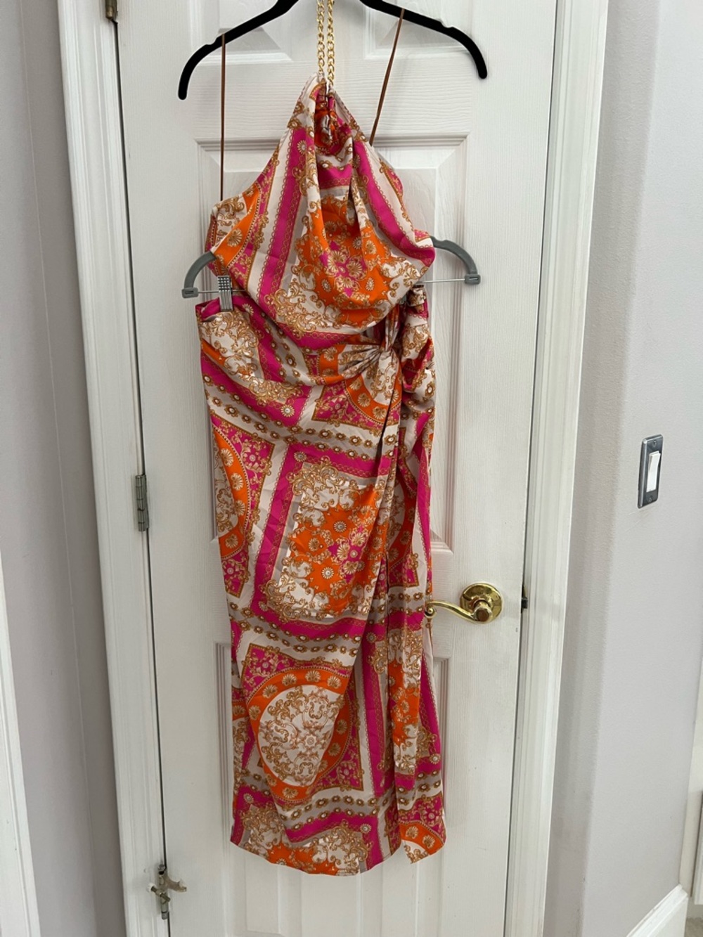 🩷🧡 Vibrant Pink and Orange Satin Halter shirt and skirt set